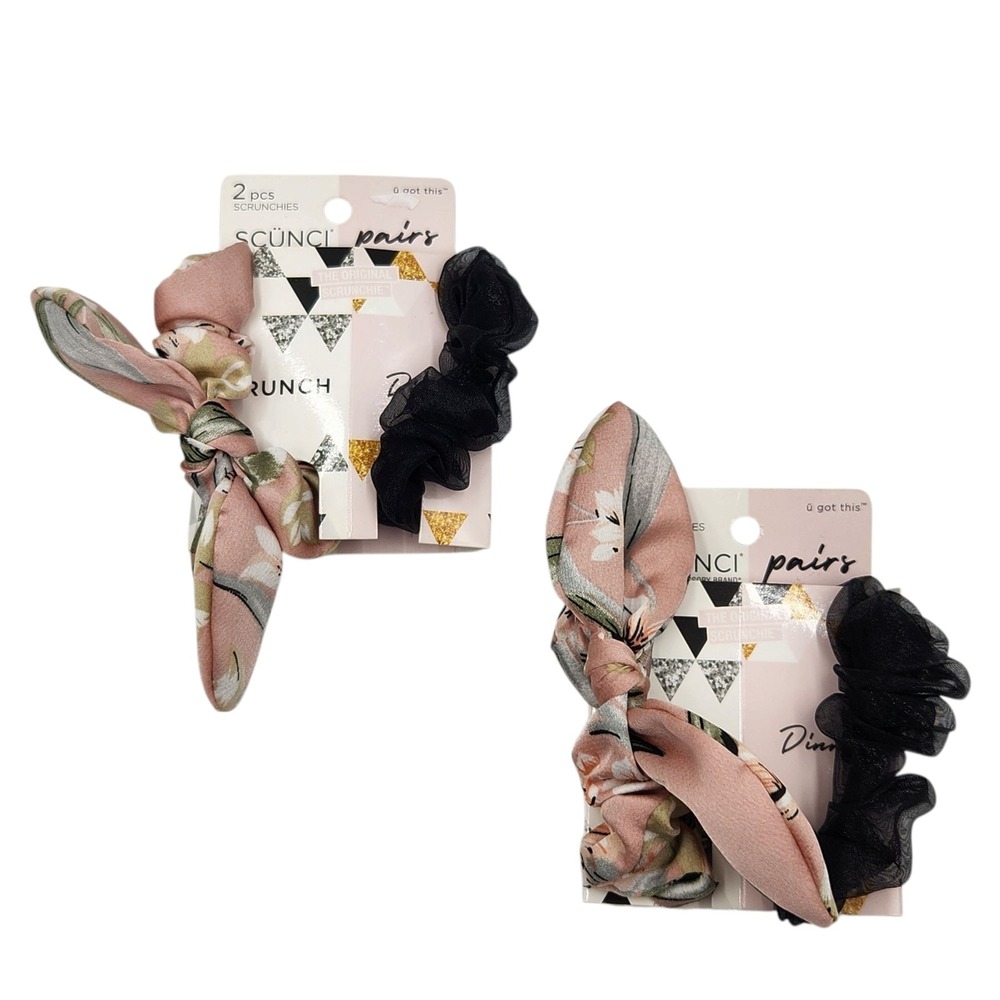 2X Scunci Pairs Scrunchies Brunch and Dinner 2 Pcs Each Set Floralโ Black Design